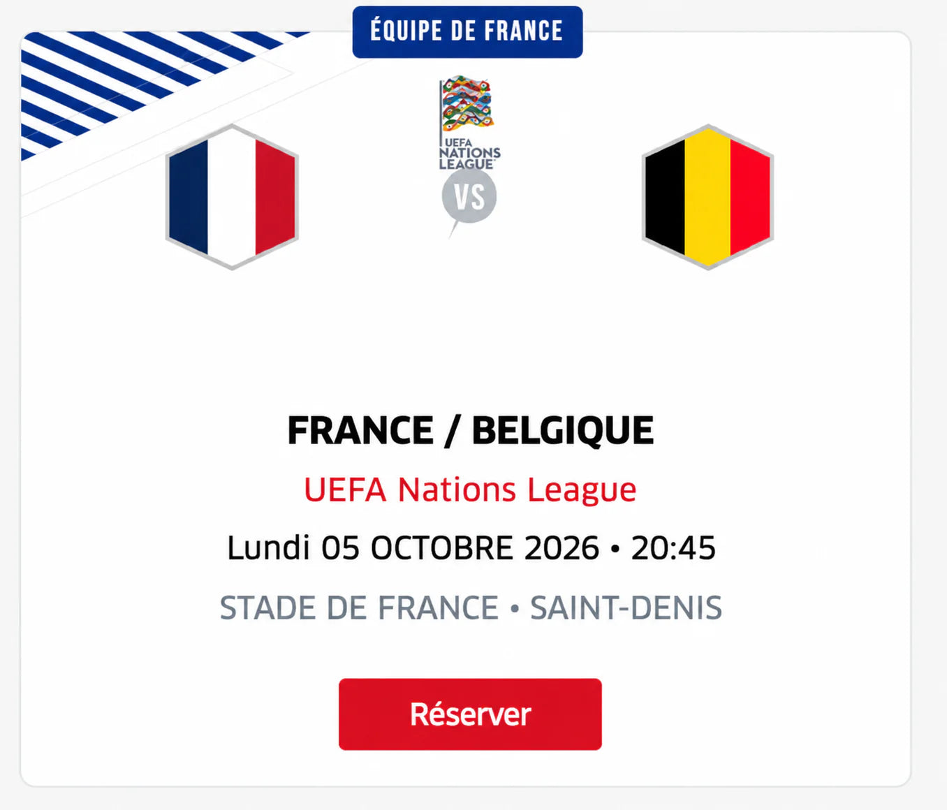 France-Belgique Lun. 05 Octobre 2026 Stade de France